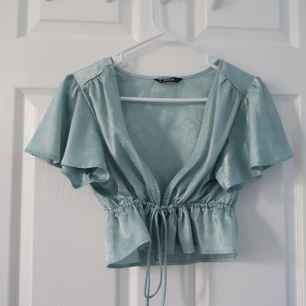 Blue Silky Front Tie Short Sleeve Shirt